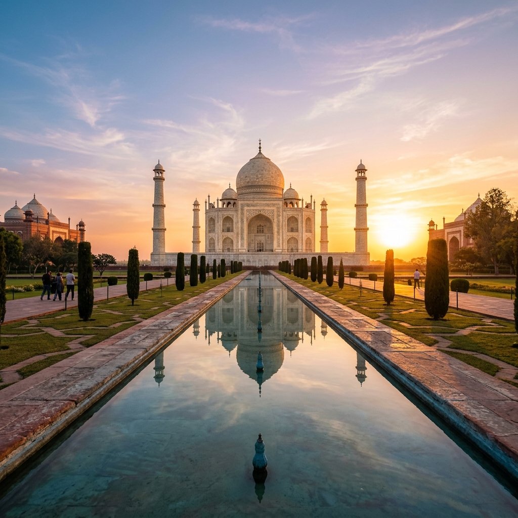 A breathtaking view of the Taj Mahal and Jaipur's royal architecture, representing the Golden Triangle Tour